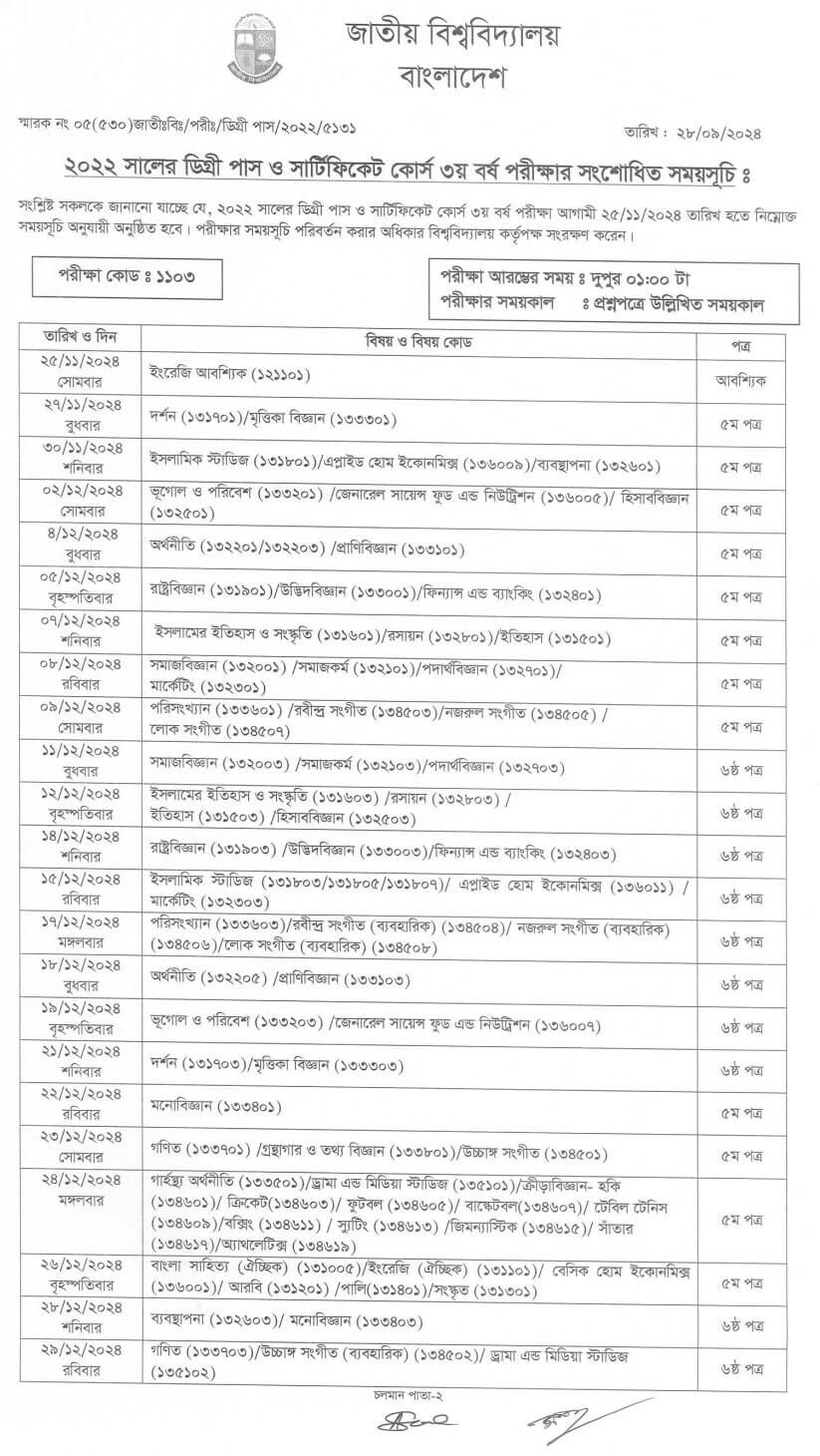 Degree 3rd-year examination routine 2024 for the session of 2022 (Revised)